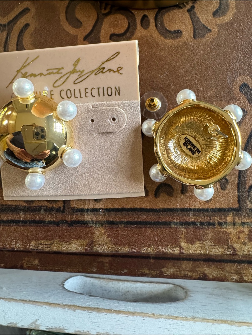 Kenneth Jay Lane Gold and Pearl Orb Earrings - Picture 4 of 5